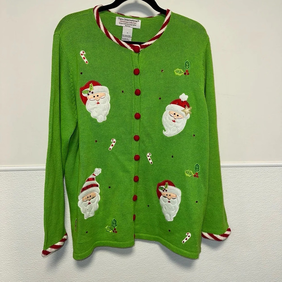 NWT! Vintage Tiara International Christmas Santa Cardigan Sweater Green & Red 1X - Picture 4 of 11